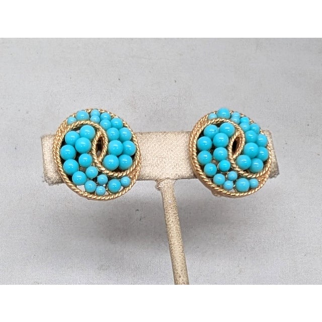 Trifari Vintage Signed Crown Trifari Cabochon Faux-Turquoise Clip Earrings-2 Pieces For Sale - Image 4 of 8