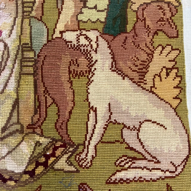 1920’s Hand Done Arts & Crafts Large Needlepoint Woman & Her Dogs Tapestry For Sale - Image 4 of 7