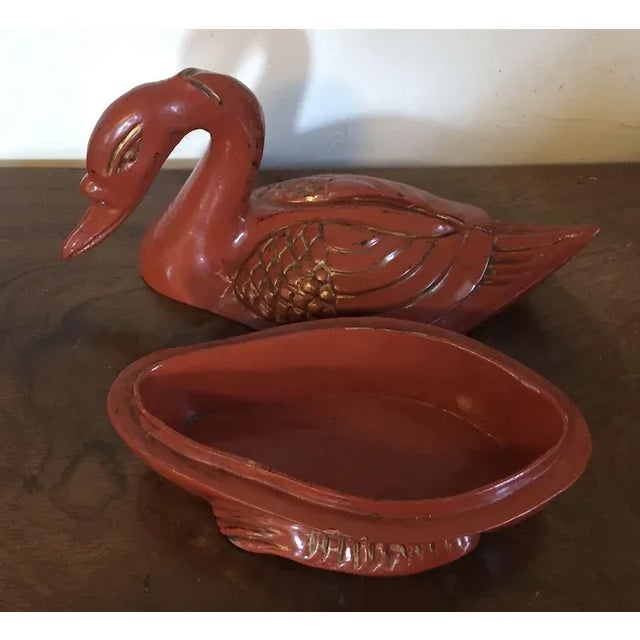 Antique Chinese Red Orange Lacquer Carved Wood Duck Goose Box For Sale - Image 10 of 11