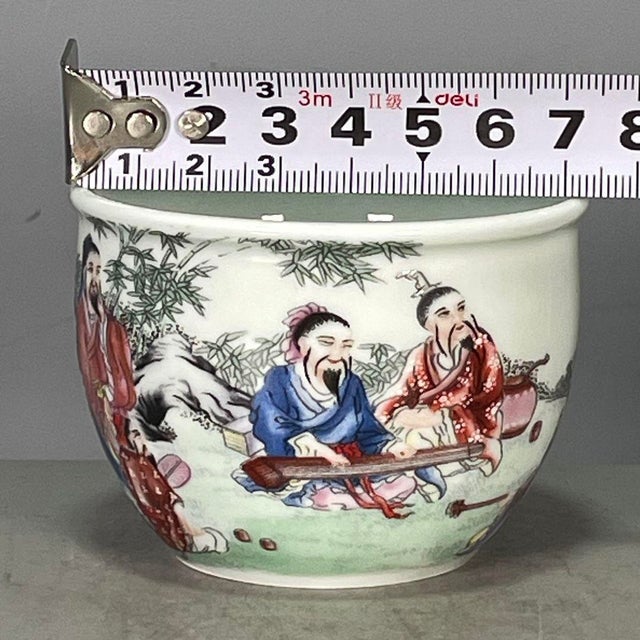 Vintage Famille Rose Porcelain Teacup – Seven Sages of the Bamboo Grove Motif, Qianlong Mark For Sale In Los Angeles - Image 6 of 9