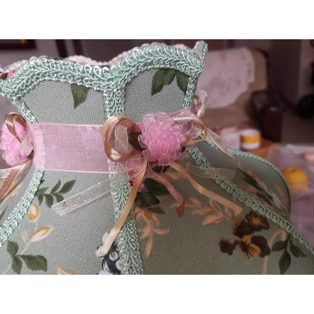 Glass Girly Pink-Green Floral Fabric Table Lamp For Sale - Image 7 of 8