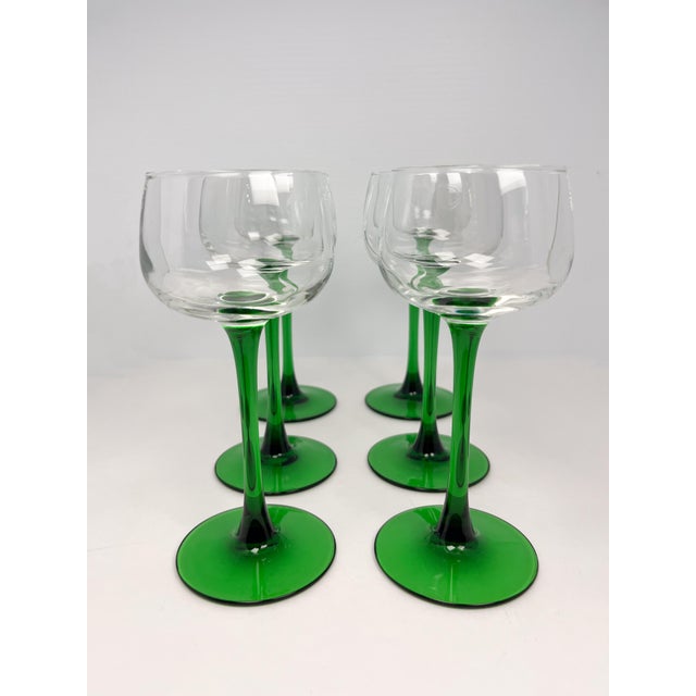 Mid-Century Modern Vintage Green Stem Liqueur Glasses by Luminarc- Set of 6 For Sale - Image 3 of 7