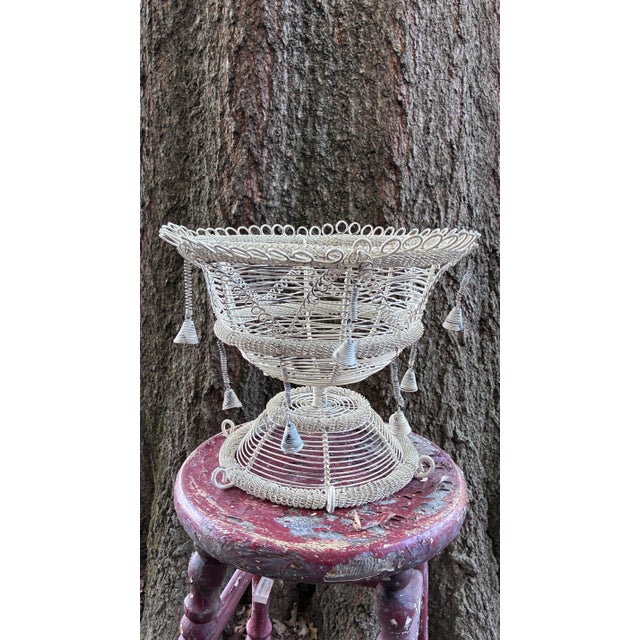 French Vintage French White Wirework Pedestal Basket For Sale - Image 3 of 6