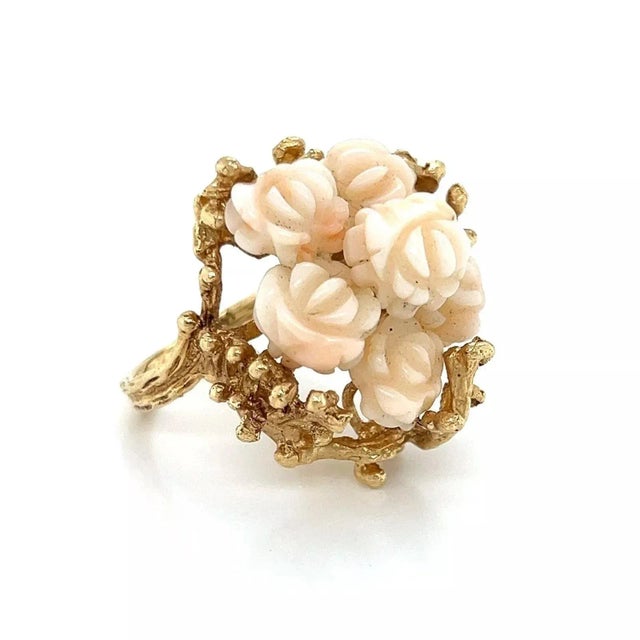25926 - Angel Skin Coral 14k Yellow Gold Rose Tree Ring, Size 7 For Sale - Image 4 of 5
