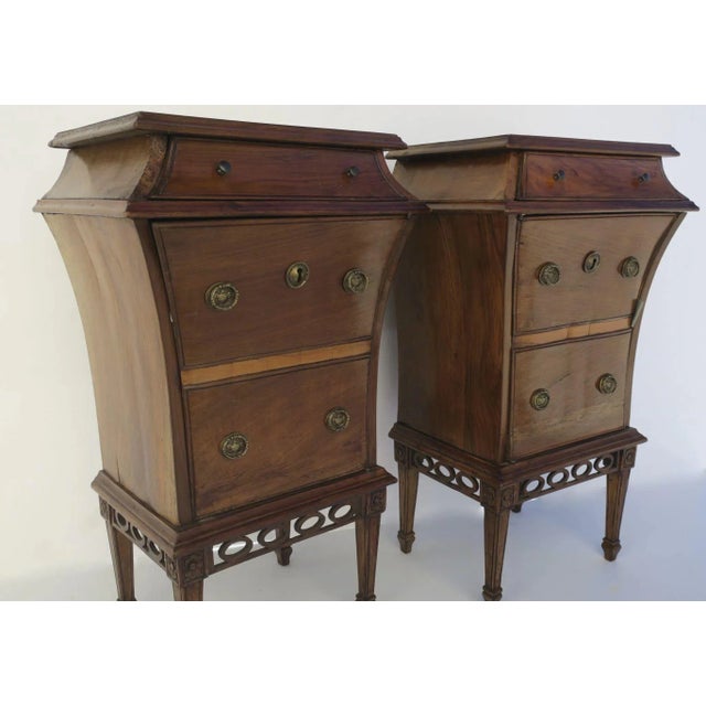 19th century pair of Italian walnut one drawer, one door side cabinets tables convex sides. 19" x 14" x 32"