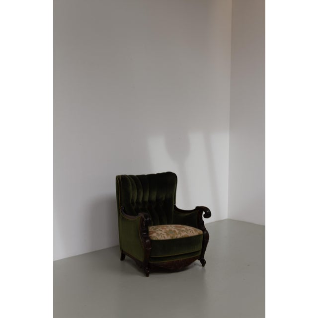 Danish Carved Lounge Chair in Green Velvet, 1920s For Sale - Image 12 of 18