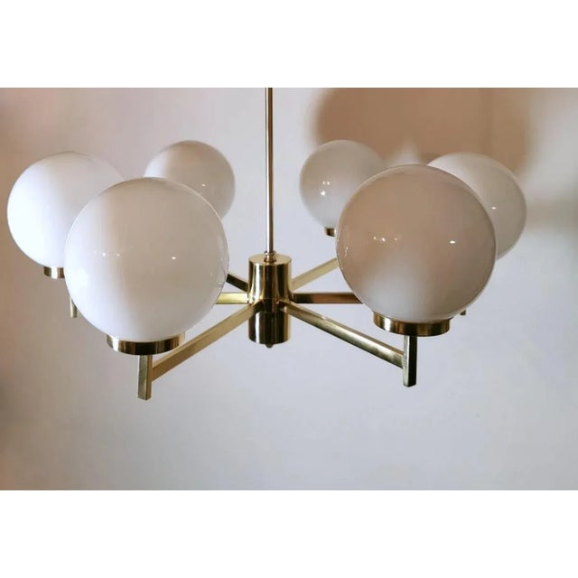 Brass Stilnovo Italian Vintage Brass Chandelier, Opaline Glass Spheres For Sale - Image 8 of 13