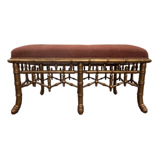 Gilt Finished Faux Bamboo Chinese Chippendale Upholstered Styled Bench For Sale