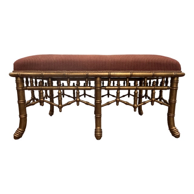 Gilt Finished Faux Bamboo Chinese Chippendale Upholstered Styled Bench For Sale
