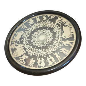 Antique European Wood Cutout With Zodiac Symbolsand Folk Scenes