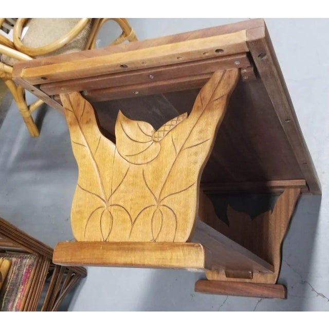 Brown 1950s Restored Hand Carved Calla Lily Koa Wood Side Table Set of 3 For Sale - Image 8 of 11