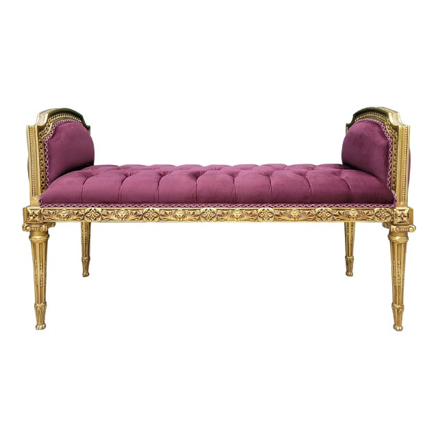 Mid 20th Century Louis XV Style Bench, Aged Gold Leaf Tufted Maroon Velvet For Sale
