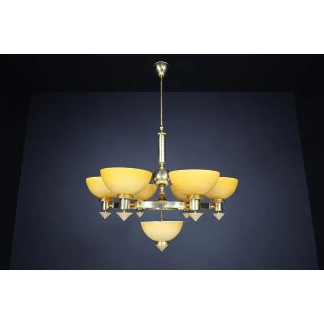 Sculptural italian xl chandelier, brass & amber-gold opaline glass, 1970s priced per chandelier – 5 available this...