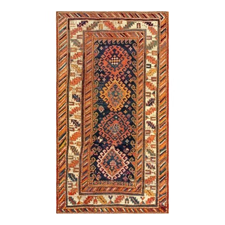 1900s Blue Navy Geometric Tribal Antique Caucasian Kazak Rug 3'10" X 7' Handknotted Wool Carpet For Sale