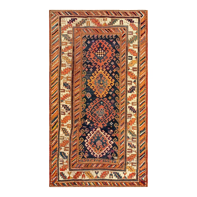 1900s Blue Navy Geometric Tribal Antique Caucasian Kazak Rug 3'10" X 7' Handknotted Wool Carpet For Sale
