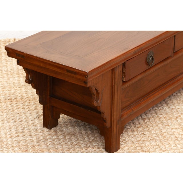 Antique Elm Low Kang Table With 3 Drawers For Sale - Image 9 of 12