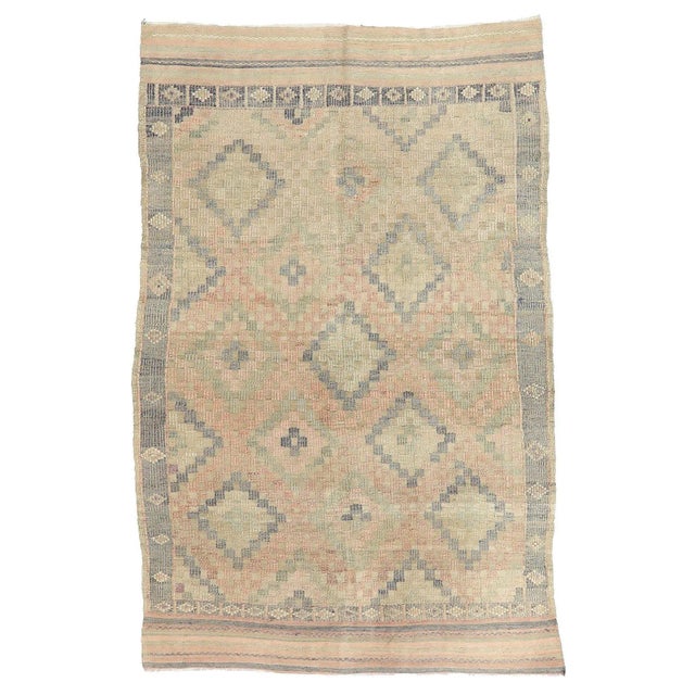 Textile Mid 20th Century Faded Vintage Embroidered Kilim Rug For Sale - Image 7 of 7