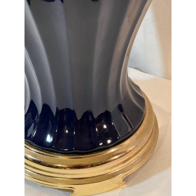 Blue Vintage Hollywood Regency Cobalt Blue Fluted Ginger Jar Table Lamp on Brass Stand For Sale - Image 8 of 12