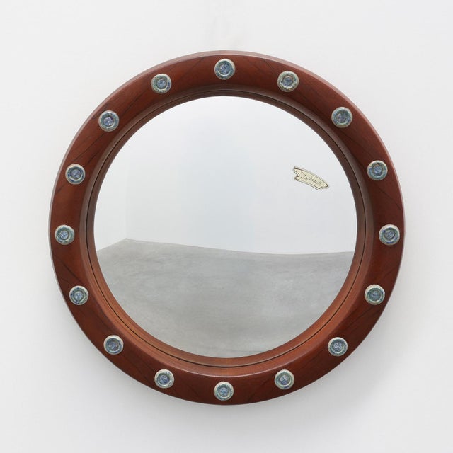 Wooden Round Mirror with Turquoise Ceramic Studs by Deknudt, Belgium, 1960s For Sale - Image 12 of 12