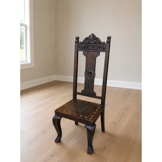 English Antique Jacobean Revival Dining Chairs, Set of 5, Carved Wood & Embossed Leather For Sale - Image 3 of 3