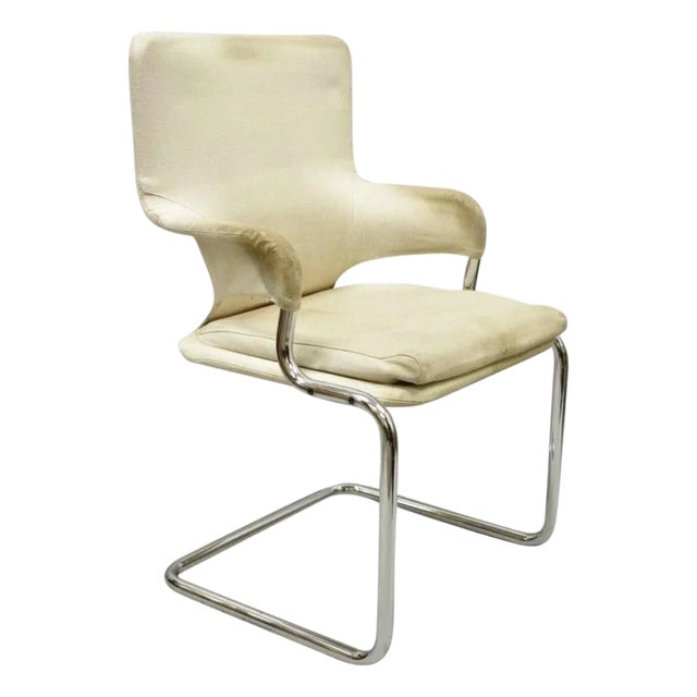 Vintage Mid Century Modern Milo Baughman Style Tubular Chrome Fabric Arm Chair For Sale