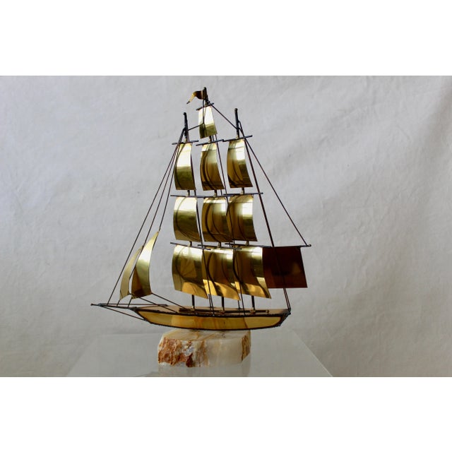 Metal Signed Jere Vintage Mid Century Brass Onyx Three Mast Sailing Yacht Boat Sculpture For Sale - Image 7 of 7
