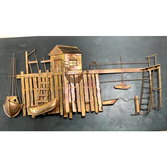 Brutalist Curtis Jere Style Metal Wall Sculpture - Dock With Boats For Sale In Phoenix - Image 6 of 7