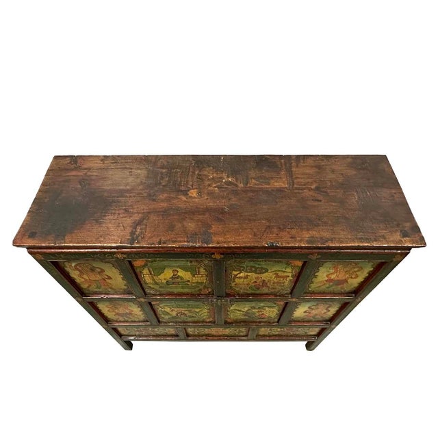 Green Early 20th Century Antique Tibetan Hand Painted Tall Credenza Storage Cabinet For Sale - Image 8 of 11