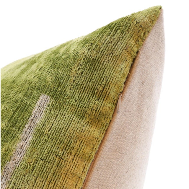 Handmade Silk Velvet Minimalist Throw Pillow, Green With White Accent Lines, Down Feather Insert For Sale - Image 4 of 5