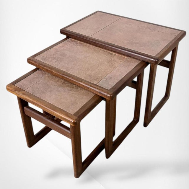 Mid-Century Modern Teak Nesting Tables with Ceramic Tile Tops, Set of 3 For Sale - Image 3 of 8