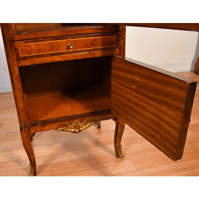Antique French Louis XV Style Mahogany Inlay Nightstand With Faux Book Front Gallery Top Bronze Mounts For Sale - Image 13 of 15
