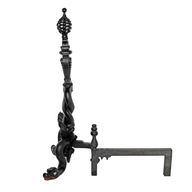 Traditional Antique Andirons With Serpentine Shaft, Scrollwork and Birdcage Finials - A Pair For Sale - Image 3 of 6