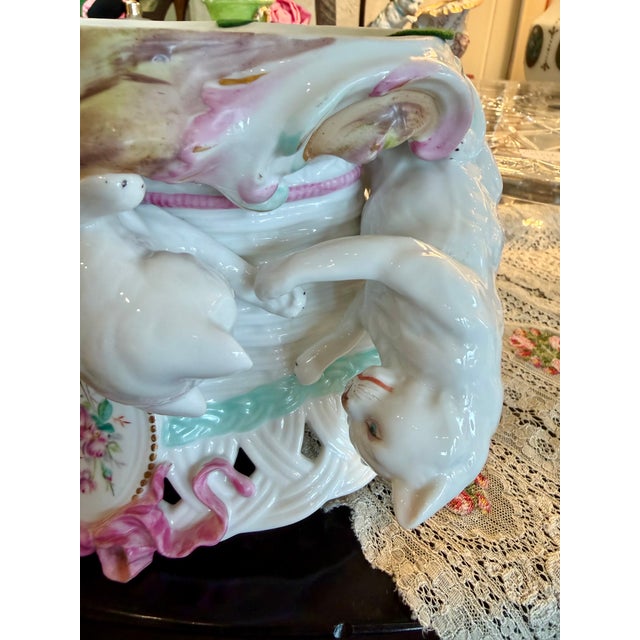 Large Victorian Porcelain Basket Weave Figural Cat Bowl or Vase For Sale - Image 10 of 16