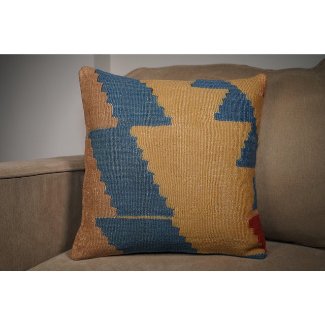 2020s Mustard & Blue Geometric Kilim Pillow – 16x16 Vintage Handwoven For Sale - Image 5 of 7