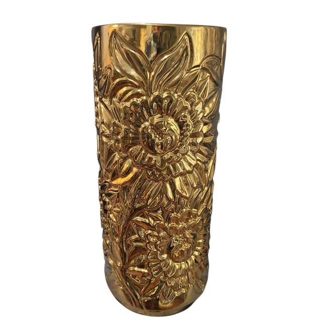 Late 20th Century Hollywood Regency Gold Embossed Ceramic Floral Umbrella Cane Vase Stand For Sale - Image 10 of 10