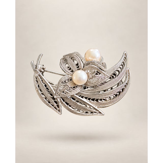 Mid-Century Modern Mid-Century Sterling Silver Filigree & Japanese Pearls Flower Spray Brooch / Pin For Sale - Image 3 of 6
