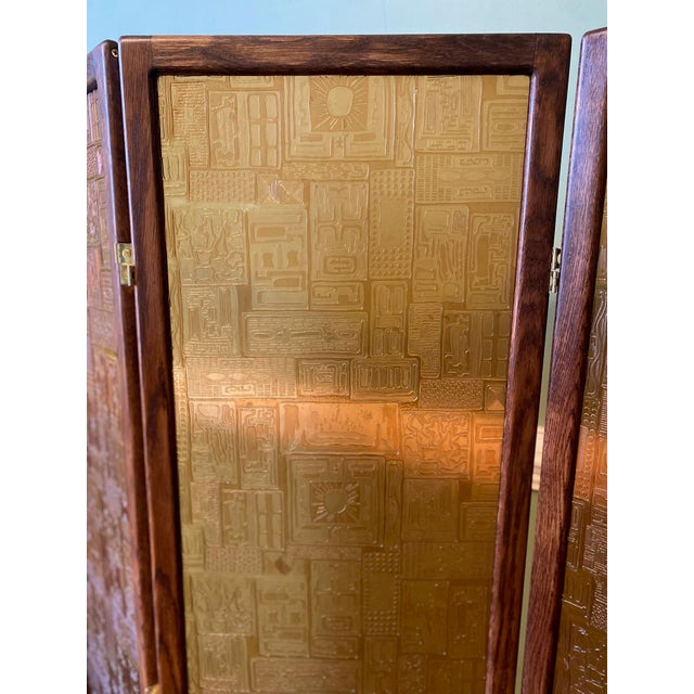 Three-panel room divider with Saftiplas Maya panels with a brand new, custom, handmade solid oak frame and brass hinges....