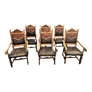 Custom Made Mexican Hacienda Chairs in Tooled Leather and Carved Wood - Set of 6 For Sale