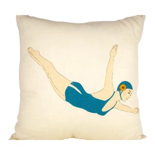 Diver in Teal Linen Pillow For Sale