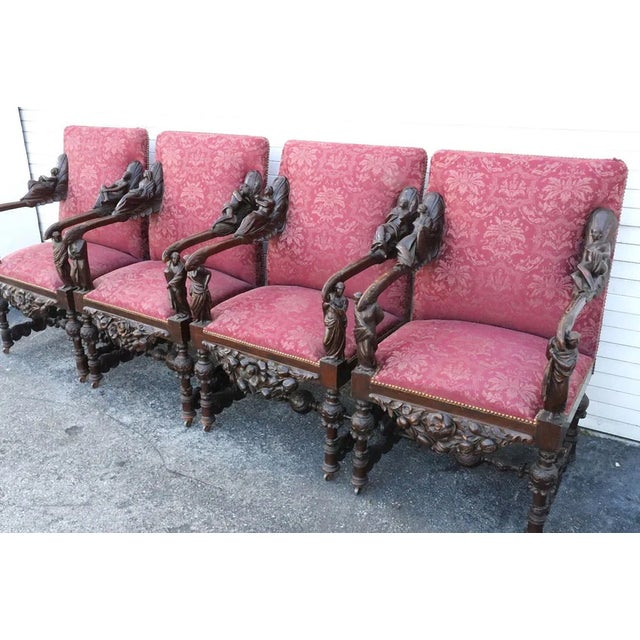 Rare Set of 4 Antique Baroque Walnut Italian Armchairs Carved Figures Andrea Brustolon Style For Sale - Image 4 of 14