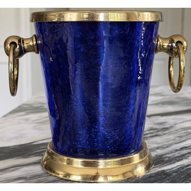 Contemporary Nicole Miller Cobalt Crackle Glass & Brass Wine Chiller For Sale - Image 3 of 8