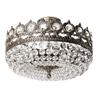 1950s Brass Silver Plated Crystal 3-Light Basket Shape Chandelier For Sale