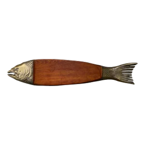 Large 1930's Alpaca Nickel Brass and Wood Fish Board or Platter for Serving Salmon Signed Grife & Escoda Spain