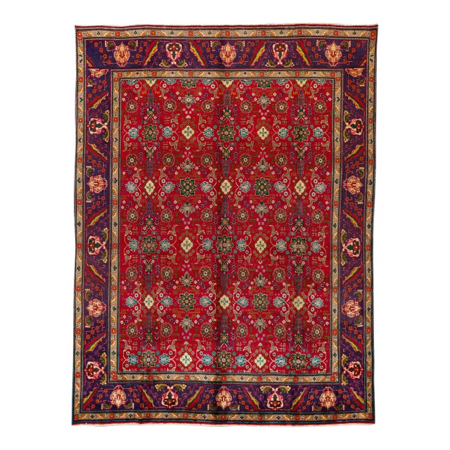 Vintage Persian Tabriz Handmade Red Floral Wool Rug For Sale