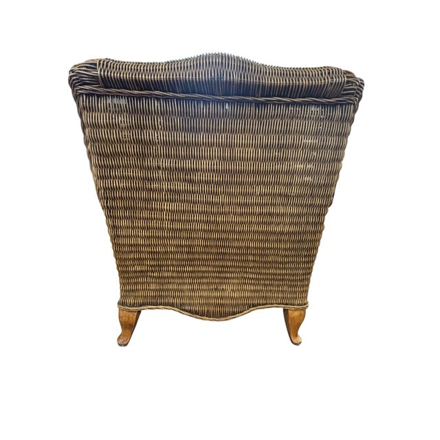 Late 20th Century Carved British Colonial Wicker Club Chair by Acacia Furniture & Two Leather Pillows For Sale - Image 11 of 12