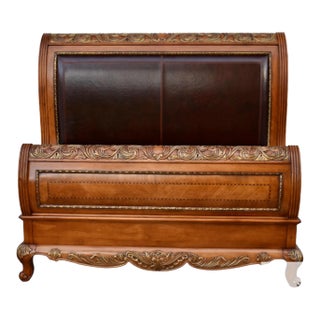 Legacy Pine Upholstered Sleigh Bed Carved and Inlaid Ornate Queen Frame For Sale