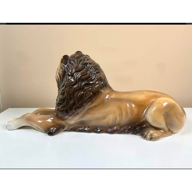 Mid-Century Italian Hand-Painted Ceramic Reclining Lion Sculpture, 20” For Sale - Image 4 of 4