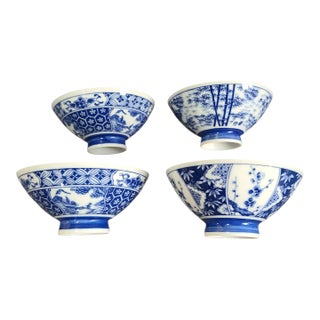Vintage Multi Pattern Blue & White Asian Rice Bowls- Set of 4 For Sale