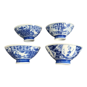 Vintage Multi Pattern Blue & White Asian Rice Bowls- Set of 4