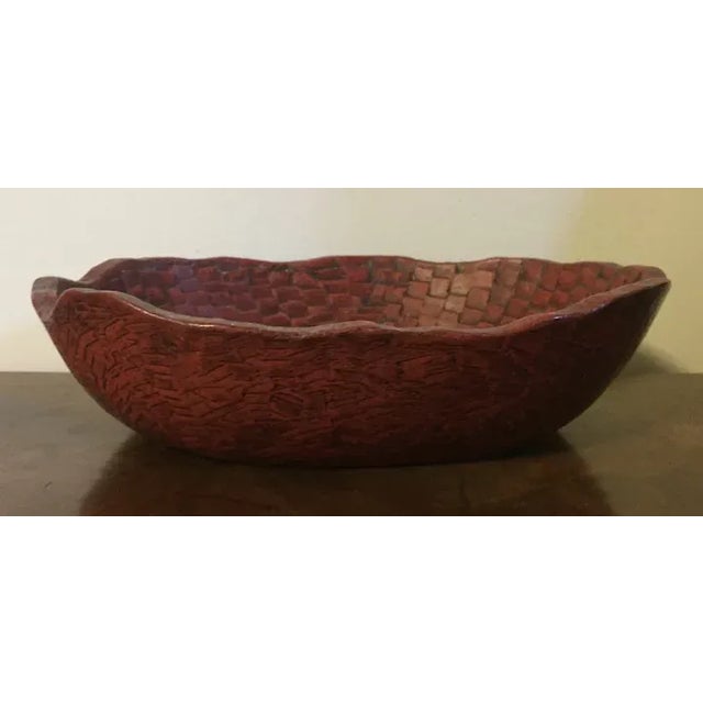 Auburn Antique Japanese Red Lacquer Carved Wood Basketweave Centerpiece Bowl For Sale - Image 8 of 13